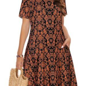 Orange & Black Short Sleeve Printed Swing Dress - Size - Large